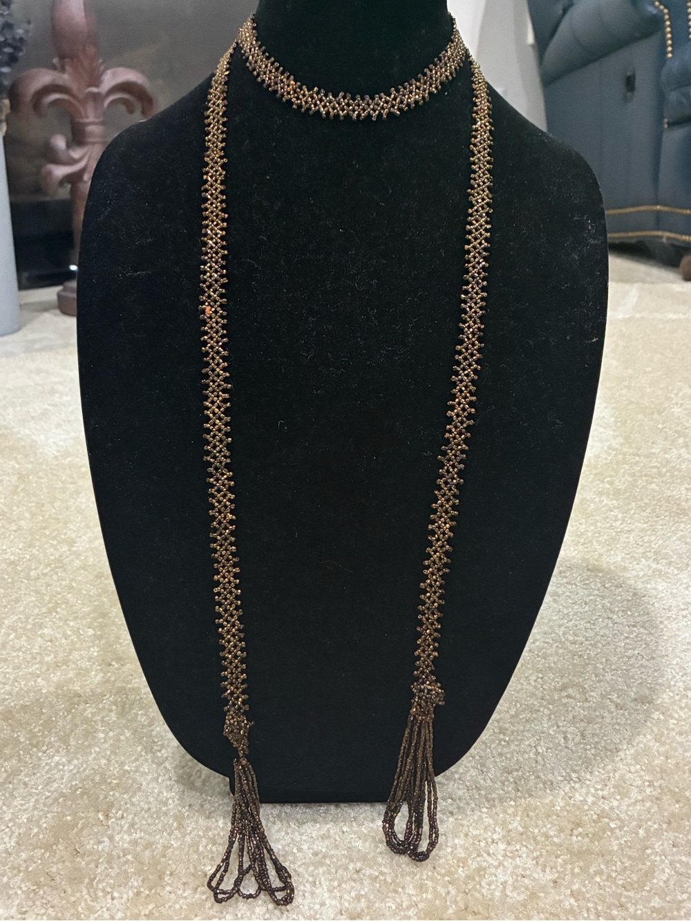 Antique Art Deco Flapper Sautoir Bronze Seed Bead Necklace